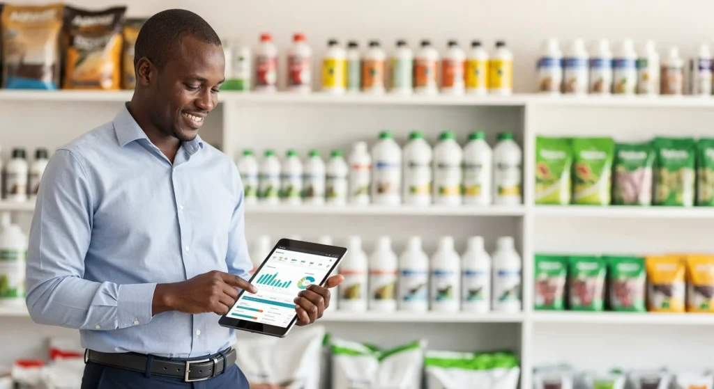 African agronomist in his mid-30s using a tablet inside an agrovet shop with crop protection and crop nutrition products on shelves.