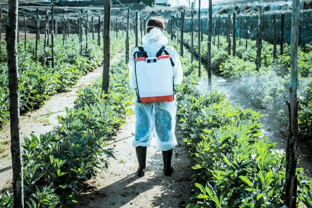 An operator in a full white protective coverall, hood, goggles, gloves and boots safely applying product with a knapsack sprayer, representing Serava's personal protective equipment range.